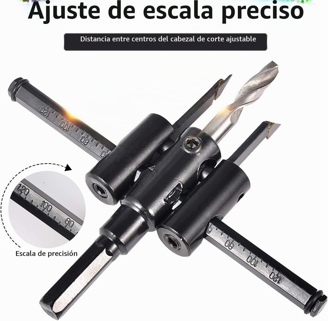 Corta Brocas Círculo Ajustable para Madera, Herramienta de Corte de Sierra Redonda, Herramientas de Bricolaje para Madera, Taladro Giratorio (Diámetro de Corte: 30mm - 120mm)