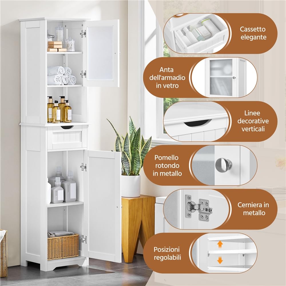 Yaheetech Armadietto da Terra con Ripiani Regolabili Armadio da Bagno con Ante Mobile Autoportante in Vetro Mobiletto con Cassetto per Cucina Soggiorno Stile Shabby Chic 40 × 30 × 170 cm Bianco
