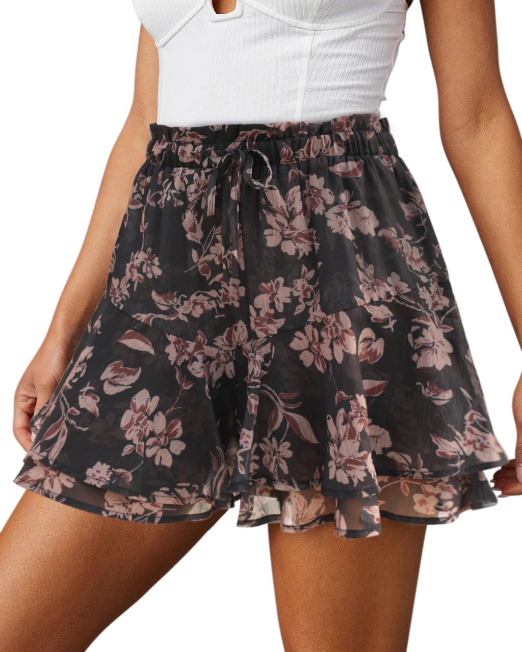Flowy Shorts for Women Casual Boho Floral Skorts Ruffle Mini Skirts Running Tennis Butterfly Chiffon Shorts