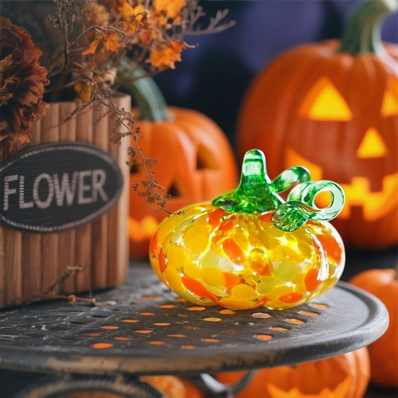 Miniatura 7 de H&D HYALINE & DORA Figura de calabaza de vidrio soplado a mano para decoraciones de otoño, calabaza de cristal amarillo, decoración de mesa para