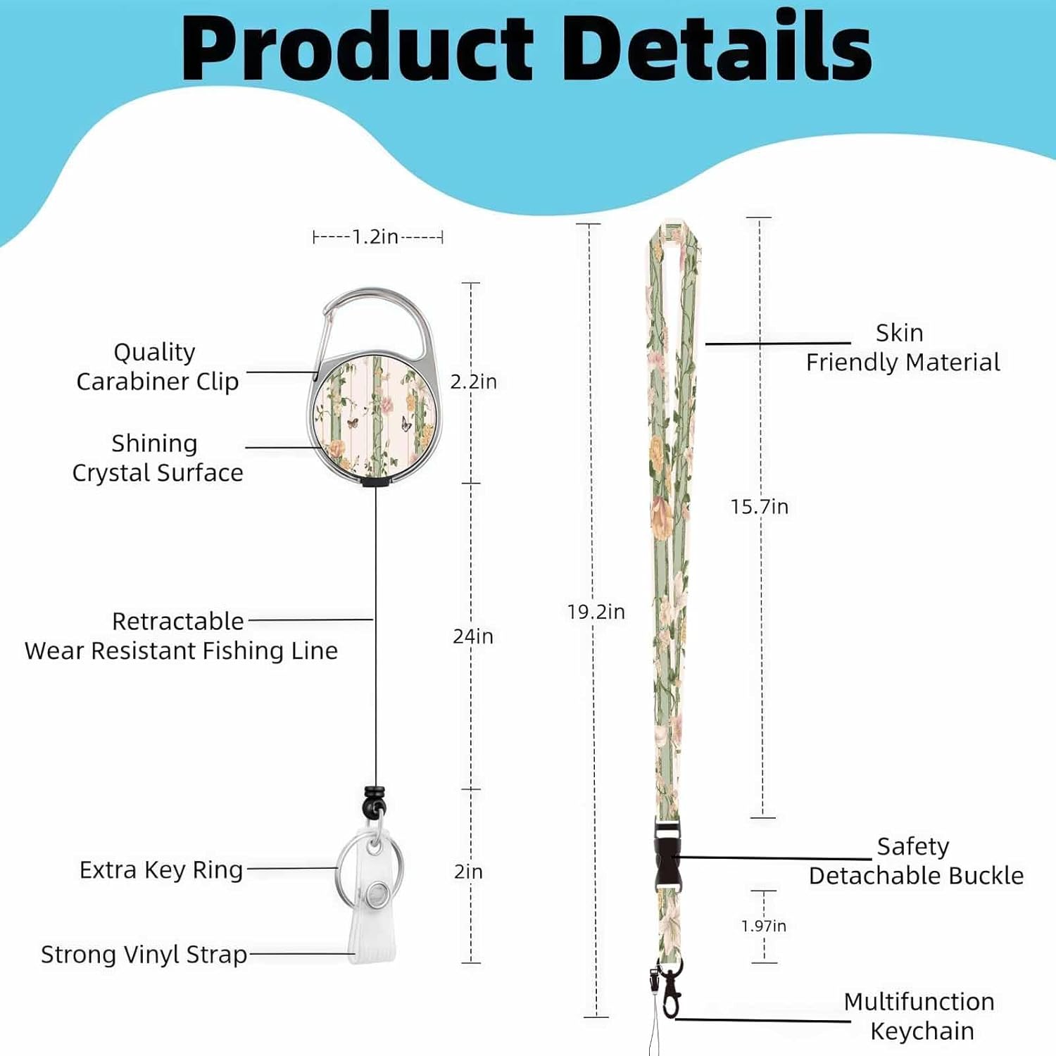 ID Badge Holder with Lanyard, Retractable Badge Reel Clip and Detachable Lanyard, Vertical ID Protector Bage Clips for Man Woman Teachers Students Office Workers Nurses - Art Flower - Image 2