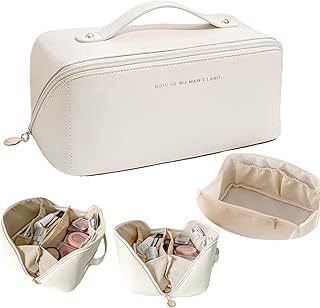 Travel Makeup Bag, Large Capacity Cosmetic Bags for Women, Waterproof Portable Pouch, Open Flat Toiletry Bag, Makeup Organizer with Divider and Handle - Large，White. travel essentials,flat makeup bag