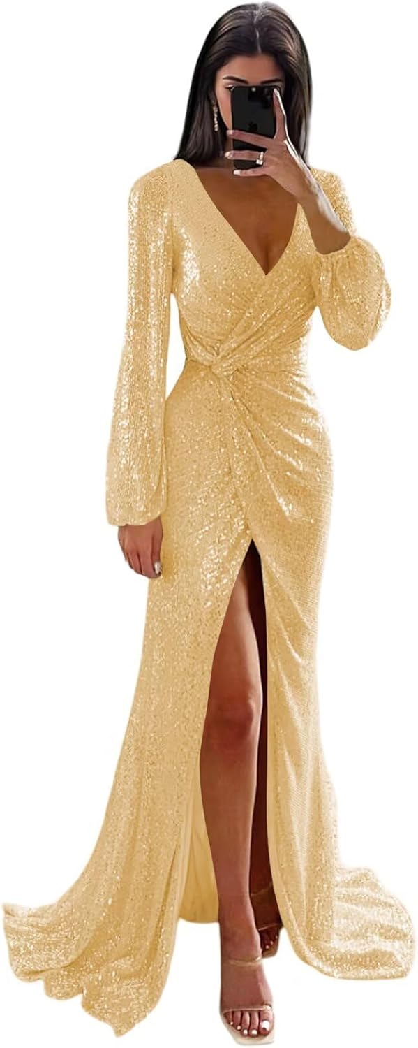 Long Sleeve Sequin Prom Dress 2026 Mermaid V Neck Pleats Formal Evening Gowns with Slit