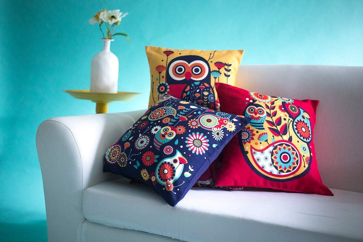 lilypin® Micro Fabric Owl Print Cushion Covers (Multicolour) Set of 3