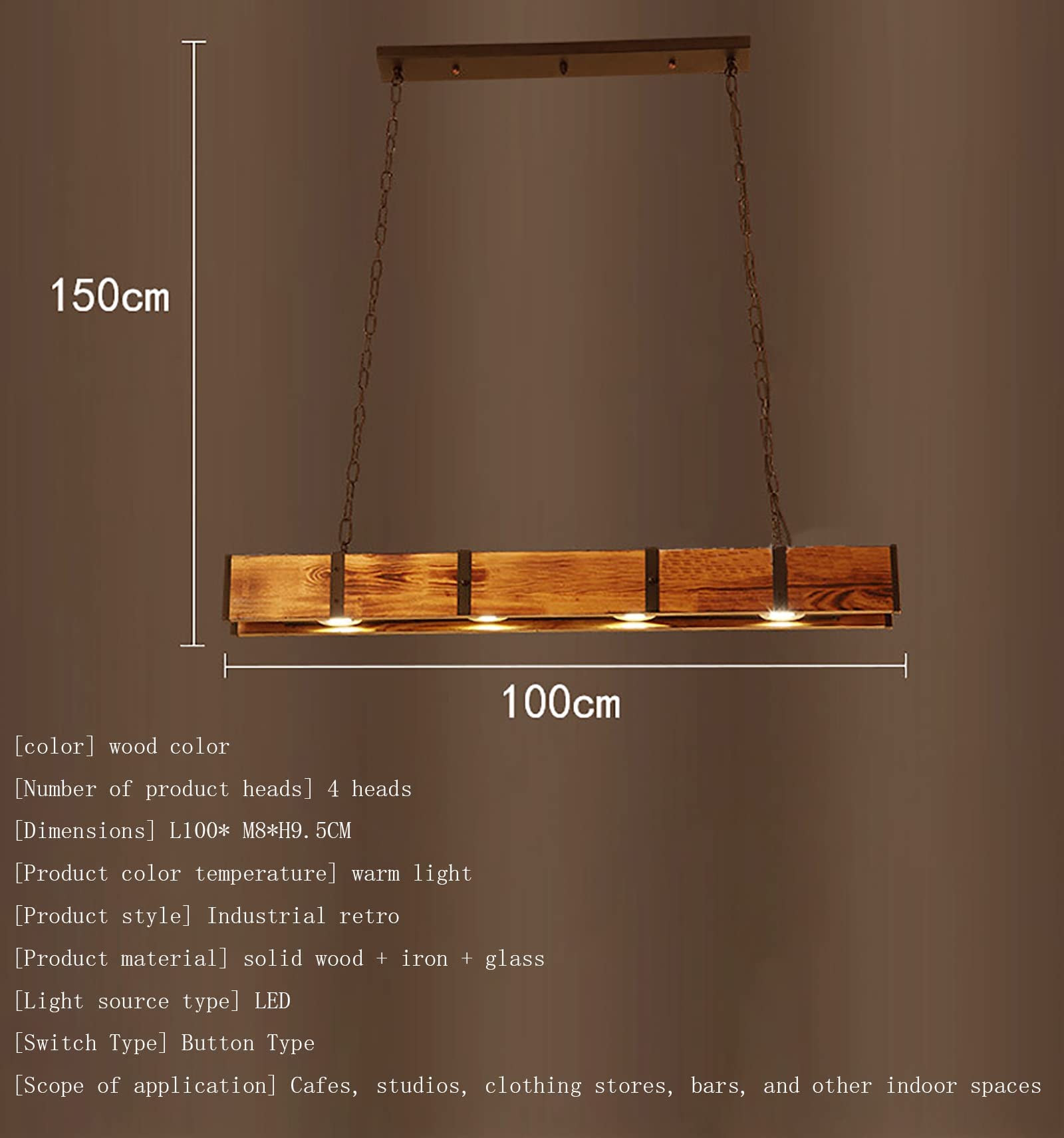 Lampadario a LED Rustico da Fattoria con Trave in Legno, Lampada a Sospensione lineare a 4 luci, apparecchio di Illuminazione Industriale a soffitto per Isola Cucina, Sala da pranz