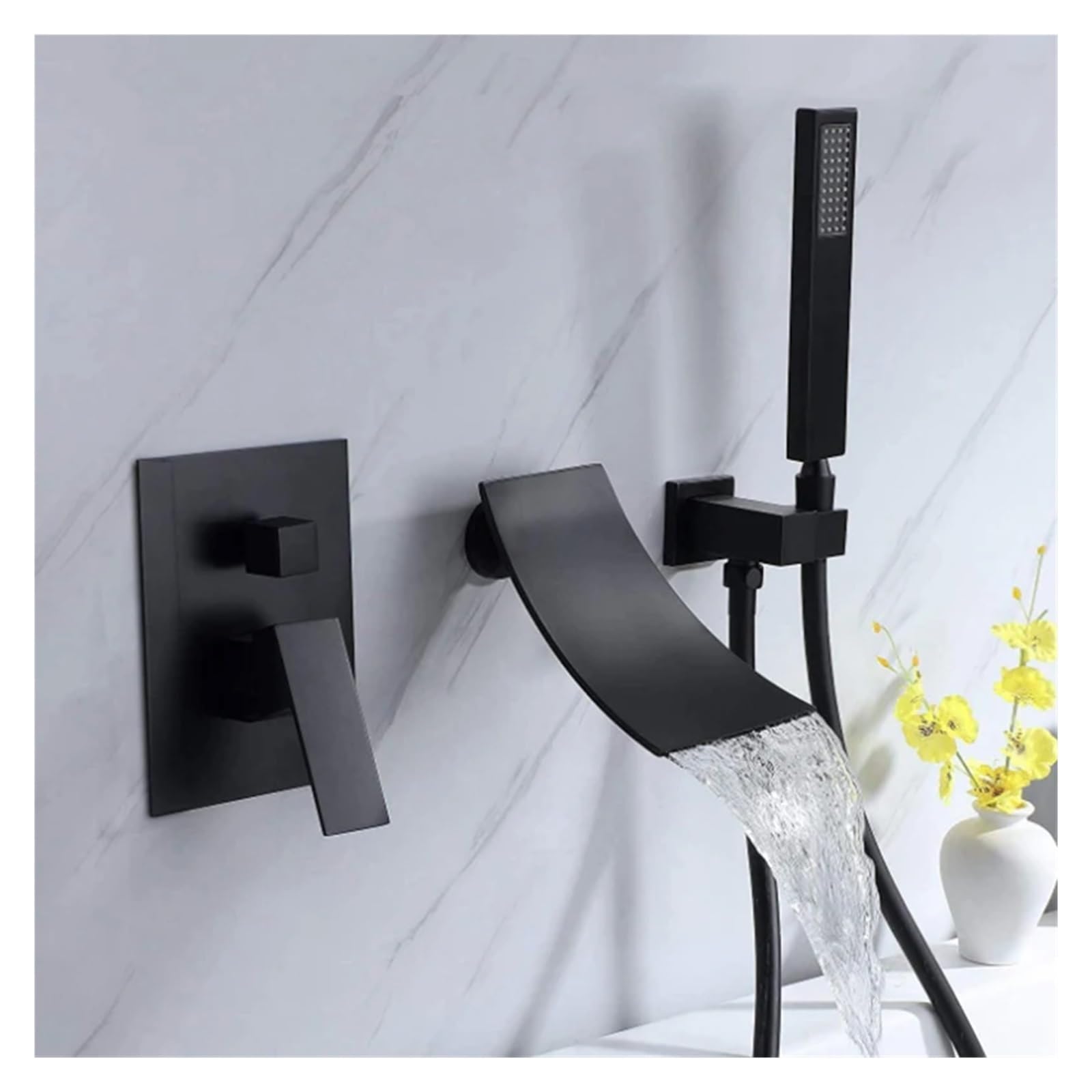 Robinet de baignoire cascade noir mat douchette murale eau chaude