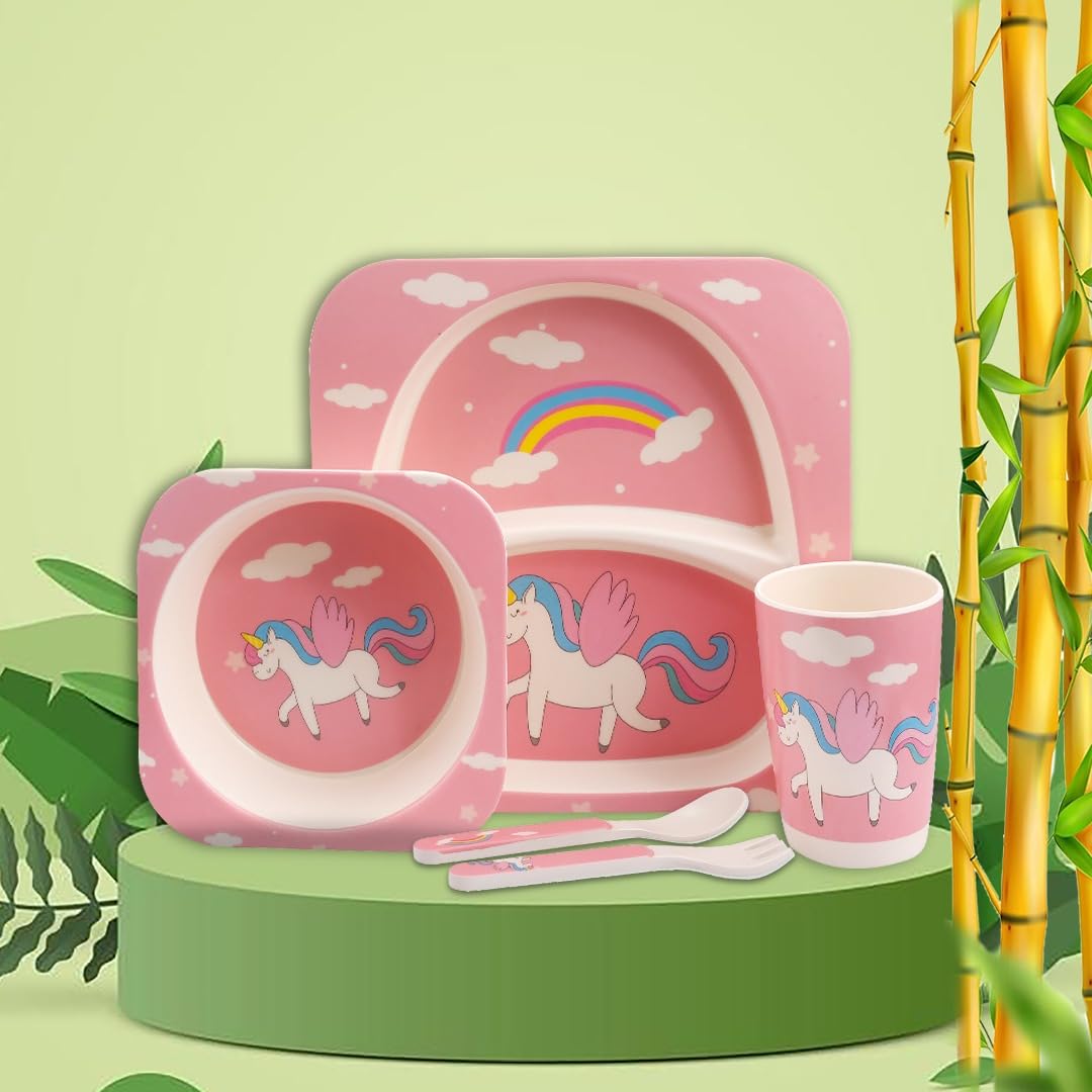 Tony Stark Bamboo Baby Feeding Set - 5-Piece Tableware for Toddlers, Kids & Babies Includes Plate, Bowl, Cup, Spoon, Fork - BPA-Free, Unbreakable Eco-Friendly |Organic & Natural (Unicorn)