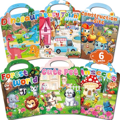 Kalysky 6 libros de calcomanías para niños de 2 a 4, 250+ pegatinas reutilizables 3D para niños, nuevo tema-mascotas, sitio de construcción, ciudad ocupada, Libro de actividad regalo de cumpleaños