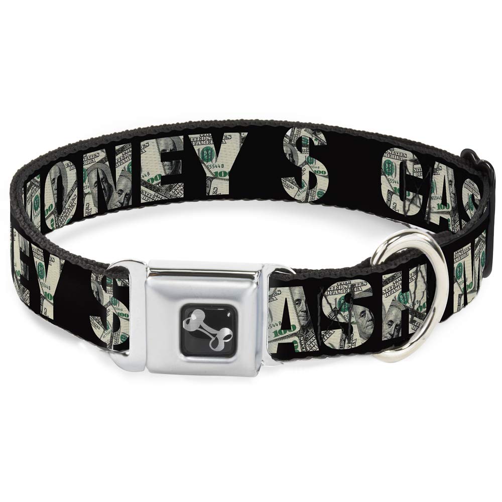 Buckle-Down Seatbelt Buckle Dog Collar - CASH MONEY $ Black/Dollars - 1" Wide - Fits 15-26" Neck - Large