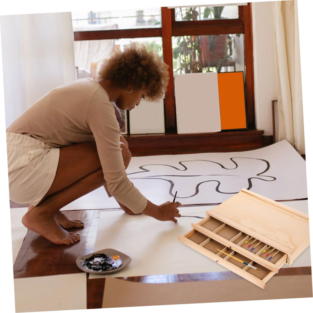 SEWACC Wooden Artist Storage Box Portable Art Supply Organizer for Paints Pencils Markers with Ample Space for Outdoor Sketching and Drawing Tools