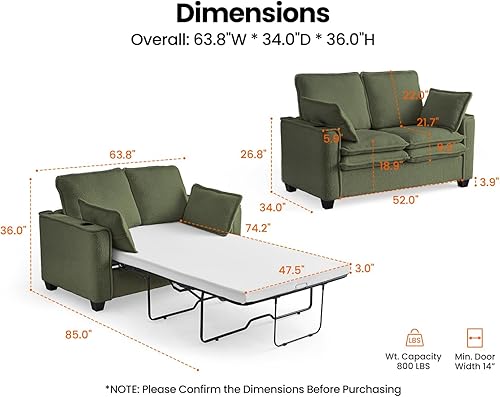 Miniatura 3 de CHIC HOUSE Sofá cama extraíble convertible, sofá de tela 2 en 1, cama extraíble tamaño matrimonialqueen, cojín de asiento de doble capa, carga
