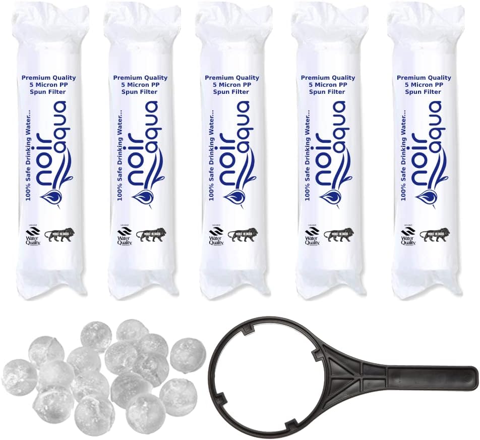 - Noir Aqua 5 PP Spun Filter + 1 Free Spanner + 5 Antiscalent Balls | for All Type of RO Water purifiers - RO Spun Filter Cartridge Sponge Replacement Water Filter Candle