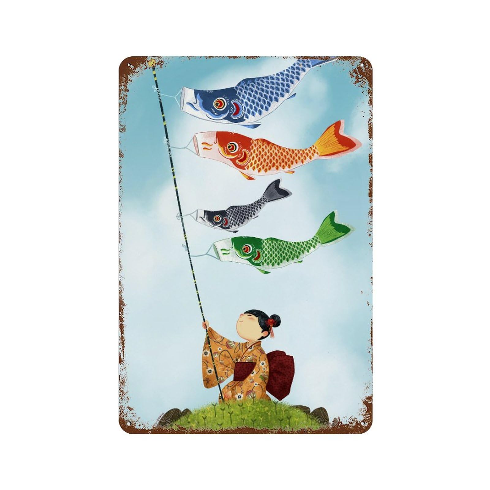 Amazon.co.jp: メタルプレート こいのぼり 空に泳ぐ 和風 水彩イラスト