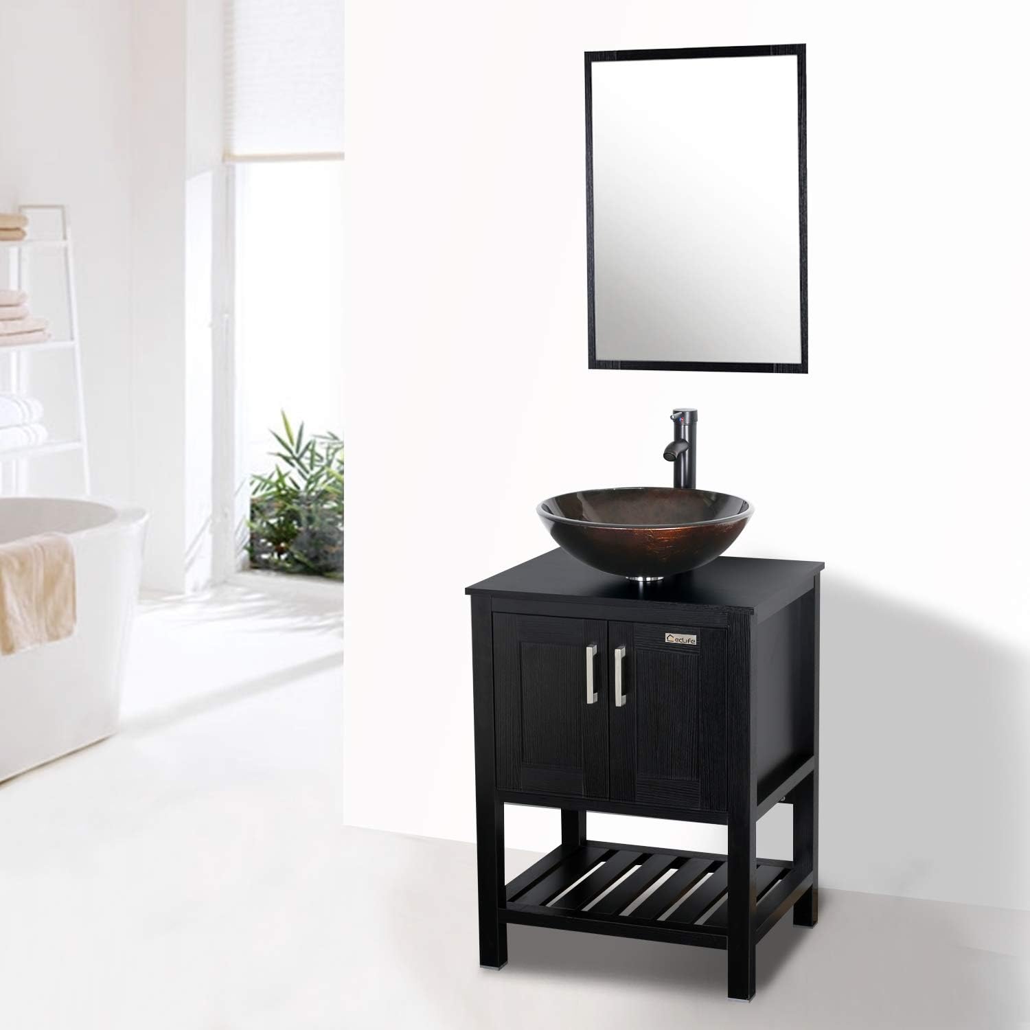 Nеw Arrіvаlѕ 24 Black Bathroom Vanity and Sink Combo,MDF Board Cabinet,0.5 Tempered Glass Vessel Sink（Round Brown）,1.5 GPM Water Save,ORB Faucet,Pop Up Drain Parts, Mounting Ring,W/Mirror