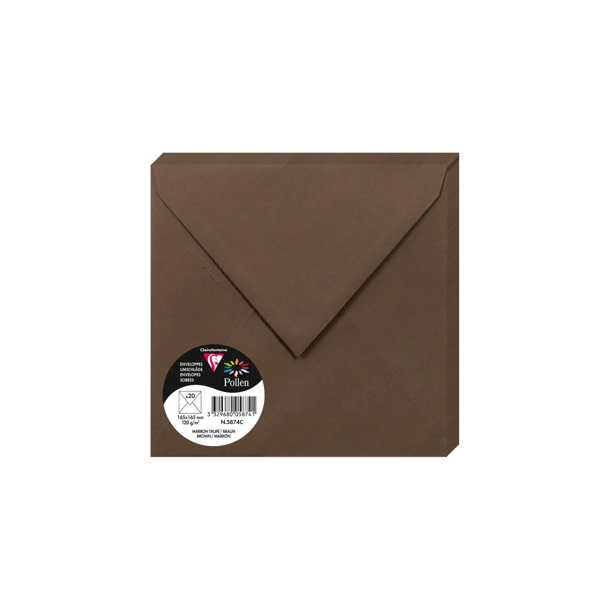 Clairefontaine 5874C Pack of 20 Gummed Envelopes Square Format 16.5x16.5cm 120g/m² Brown Invitation Events Correspondence Pollen Range Smooth Premium Paper