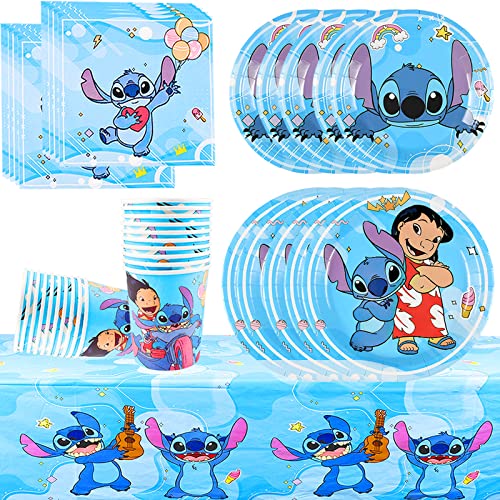 Juego de Vajilla de Fiesta Lilo Stitch 51 Piezas Vajilla Fiesta Cumpleaños para Niños, Kit de Vajilla de Cumpleaños Stitch, Vajilla Decoración de Fiestas de Cumpleaños Platos,Vasos,Servilletas,Mantel Cover