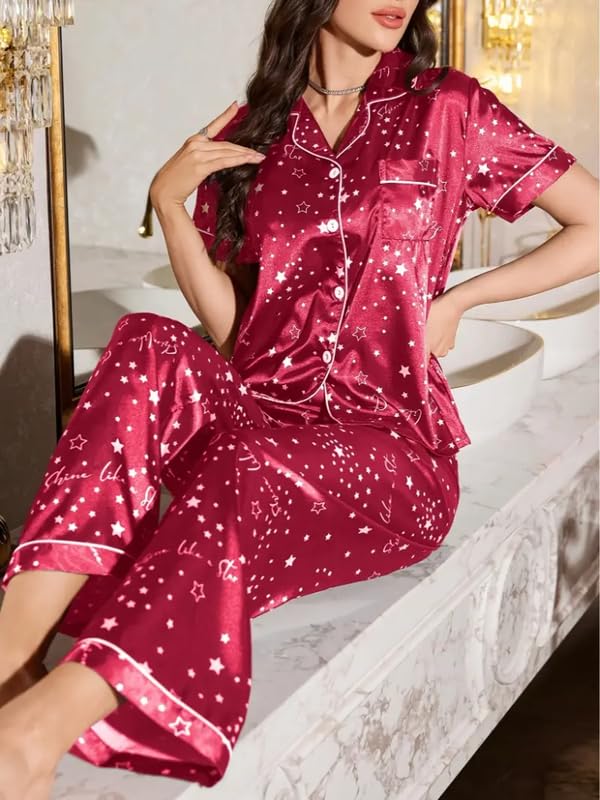 Image of Night Suit for Women with Full Sleeve Button-Down Top with Pant Dress for Woman, Night Dress for Woman, Cotton Two-Piece Loungewear Set
