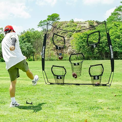 BaseGoal Football Nets for Throwing,Football Target,Quarterback Training Equipment with 5 Target Pockets for Improving Football Accuracy Throwing-8 x 8 ft or 6 x 6 ft Nets (8 x 8 Ft Black + Ball) - Thumbnail 4
