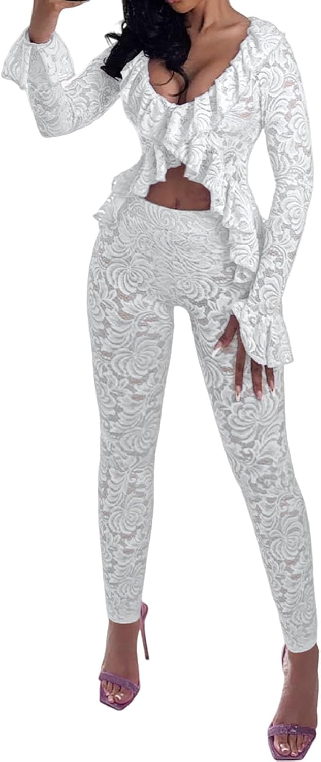 Uni Clau Women Sexy 2 Piece Outfits Lace Hollow Out Ruffle Long Sleeve Crop Top Pants Set Clubwear Jumpsuit