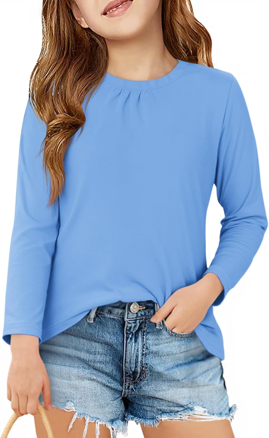 Haloumoning Girls Long Sleeve Tees Kids Casual Crewneck Pleated T Shirts Cute Fall Tops 5-14 Years