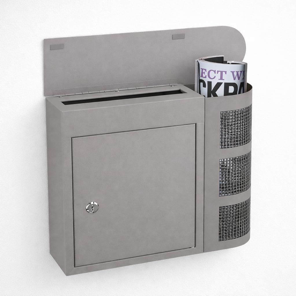 58744 Modern Mailbox Magazine Newspaper Holder, Rust & Weather Proof Steel Design, Vertical Wall Mount - Grey