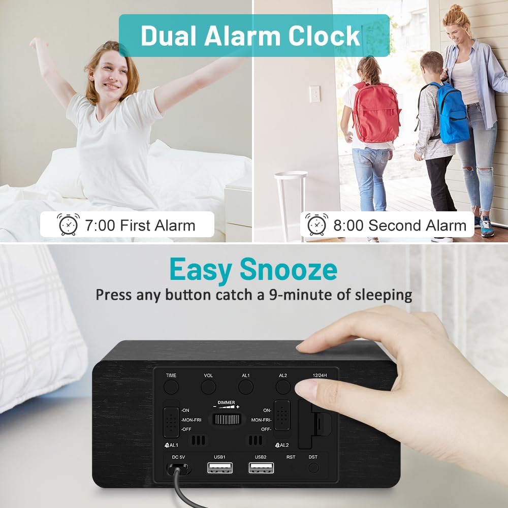 Andoolex Wooden Digital Alarm Clock with Wireless Charging, 0-100% Adjustable Brightness Dimmer and Alarm Volume, Weekday/Weekend Mode, Dual Alarm, Snooze, 12/24H, Wood LED Clock for Bedroom (Black)