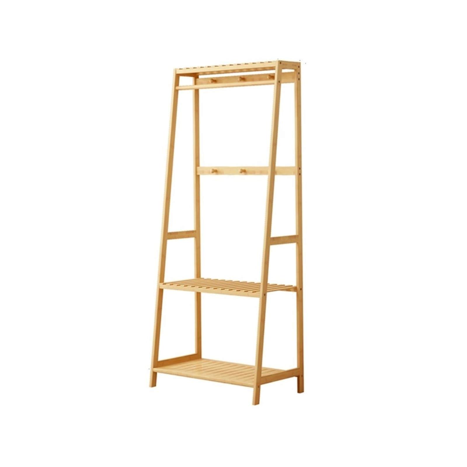 Kleiderstange, Wäscheständer aus Massivholz, vielseitiges Garderobenregal mit 6 Haken, 3 Lagerregalen, langlebiger Präsentationsständer, Eingangsbereich, Balkon, Wohnzimmer, Schlafzimmer, 165 cm