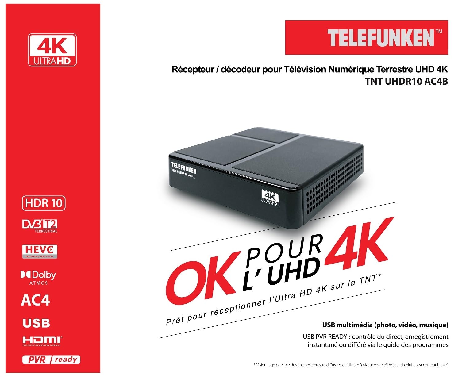 Telefunken - Récepteur TNT UHDR10 pour télévision numérique terrestre UHD 4K - 1000 canaux - PVR - Tuner TNT UHD/SD/HD/UHD/2K/4K