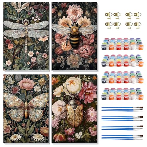 Pintura por números para principiantes, kit de óleo de flores e insectos enmarcado