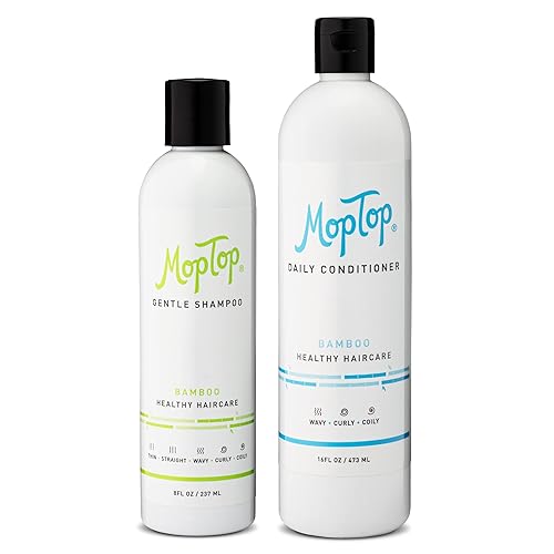 MopTop Champú suave (8 onzas) + acondicionador diario (16 onzas) para cabello ondulado, rizado y enrollado, seguro para el color, juego de cuidado