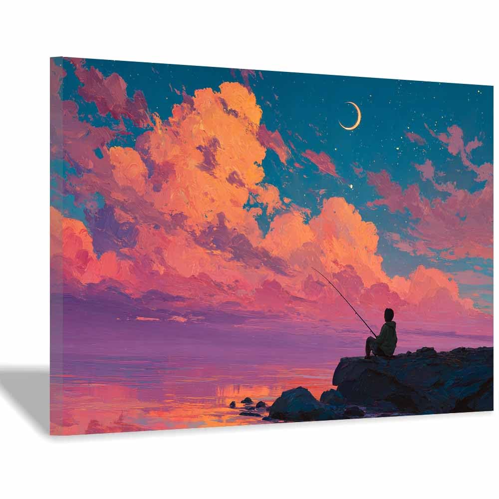 HOQIU Wall art for home decor Pastel Sunset Fishing canvas artwork for wall, art prints, For living room, bedroom, bathroom, dining room, painting and decor.(Multicolor)-60x80cm Framed