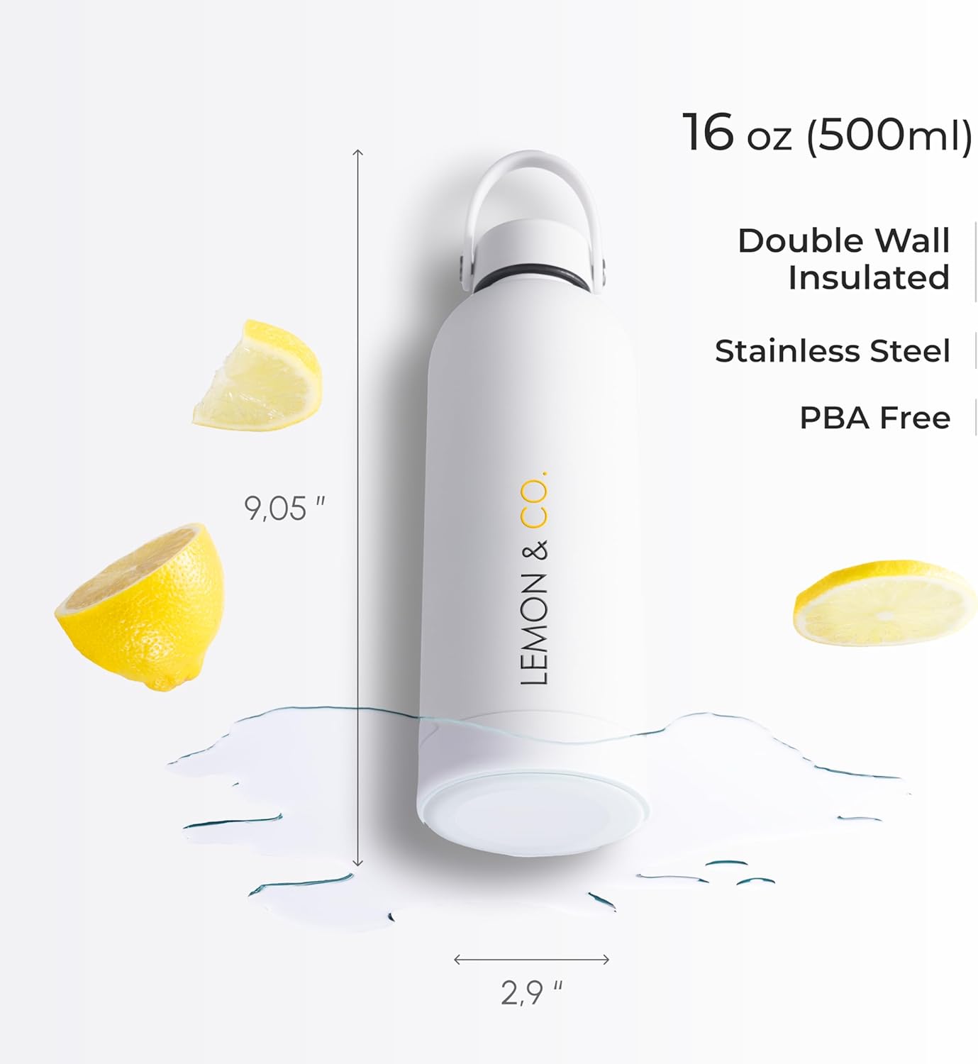 LEMON & CO. Stainless Steel Bottle (16oz, 500ml) - Sustainable Water Bottle with Handle for Hot & Cold Drinks for Travel, Gym and More, Double Wall Vacuum Insulated, BPA-Free - Minimalist Design - Image 5