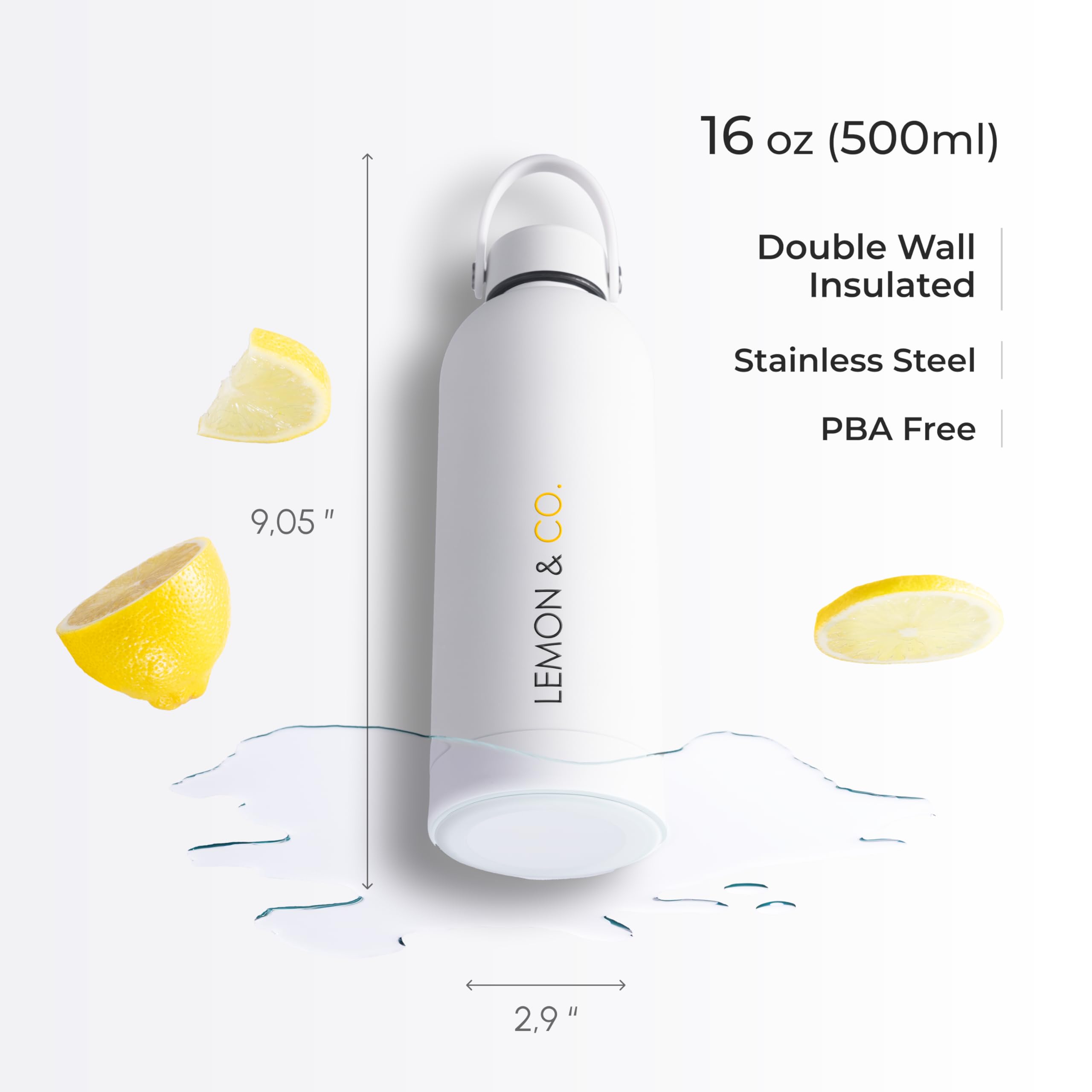LEMON & CO. Edelstahlflasche (500 ml) – Nachhaltige Wasserflasche mit Griff für heiße und kalte Getränke für Reisen, Fitnessstudio und mehr, doppelwandig, vakuumisoliert, BPA-frei, minimalistisches