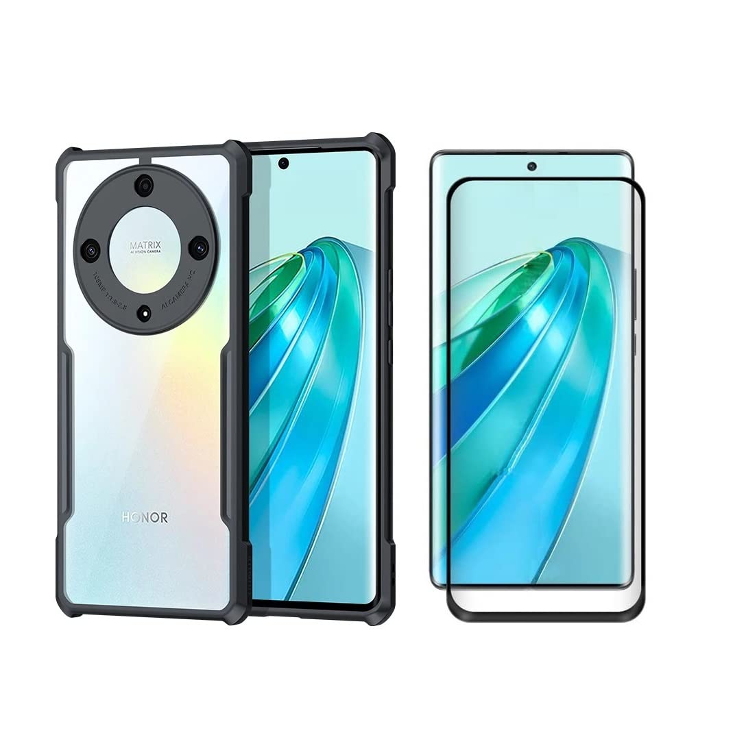 Honor X9a Case With Screen Protector 6.67 inch Soft Silicone Phone Case Protector Cover Black TPU - Tempered Glass Film for Honor X9A 5G Complete Coverage -Black