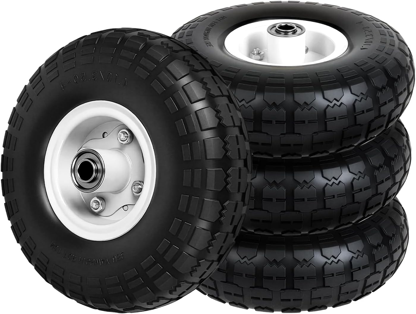 4.10/3.50-4 Tire and Wheel Flat Free, 10" Solid Tire 220LB Capacity Each, with 5/8" Bearings and 2.1" Offset Hub, for G orilla Cart, Garden Cart, Trailer, Dolly, Hand Truck, Wagon, 4 Pack, Silver
