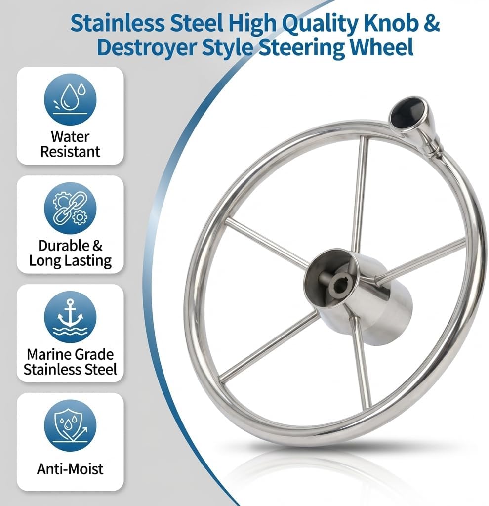Boat Steering Wheel, 5-Spoke 13-1/2 Inch Destroyer Style Stainless Marine Steering Wheel with M Size Knob