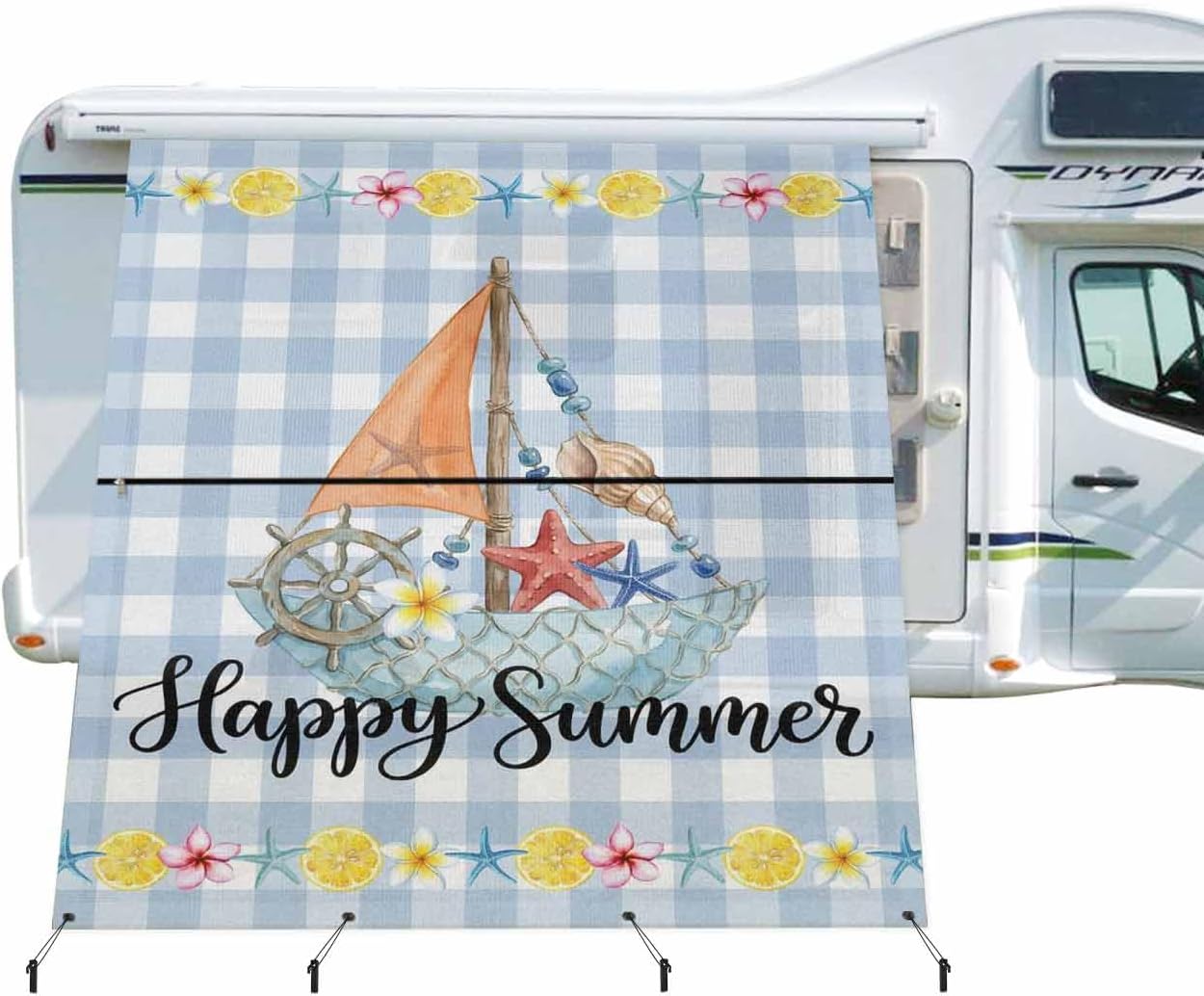 Blue Floral RV Awning Sun Shade Screen with Zipper 9'x13.5' Summer Country Hydrangea Floral Butterfly Wood Grain Mesh Sunshade UV Blocker Awning Shade Complete Kits for Motorhome Camper Travel Canopy
