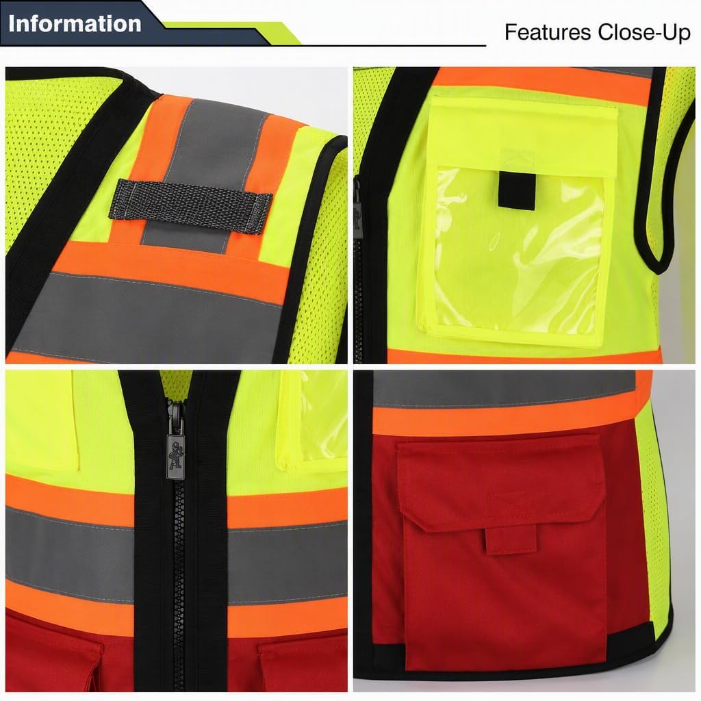 Gasoline Class 2 High Visibility Reflective Safety Vests Women & Men | With 6 Pockets And Zipper Front,Meets Ansi/Isea Standards