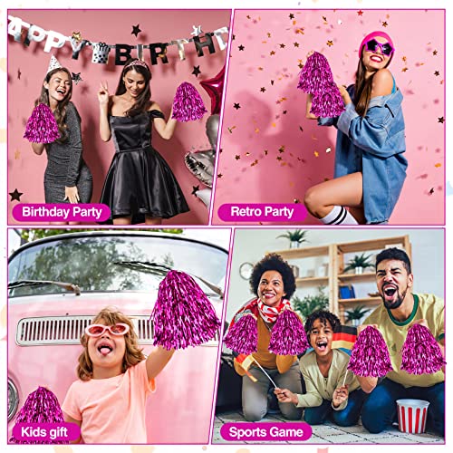 Thenshop 4 Pack Cheerleading Pom Poms Cheerleader Squad Spirited Fun Pompoms Cheer Hand Flowers Metallic Foil Pompoms for Adults Sports Meeting Team Spirit Cheering Party(Hot Pink) - Image 6