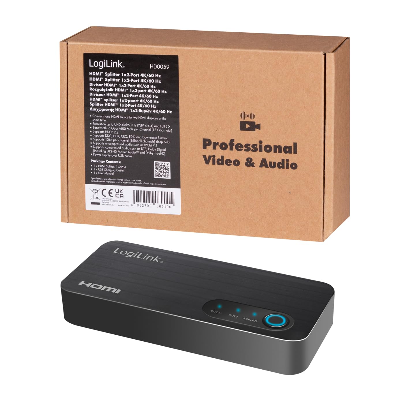LogiLink Répartiteur HDMI 1 x 2 Ports, répartit 1 Signal HDMI (1 x entrée/Source) vers 2 appareils tels Que TV, projecteur, etc. (2 Sorties), en 4K/60 Hz, HDCP, HDR, CEC, Downscaler