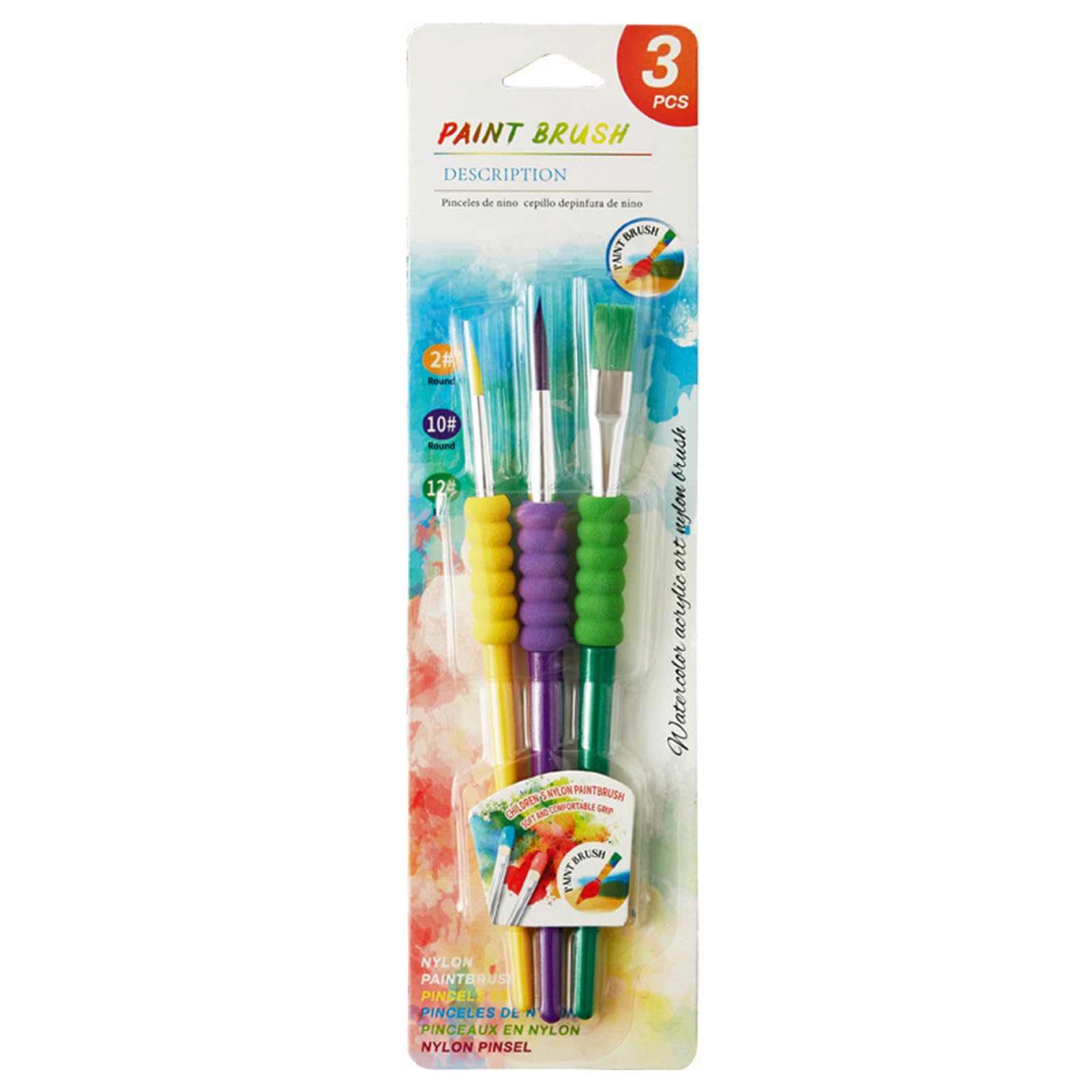 Professional Nylon Bristles Paint Brush with Foam Grip Asorted Size Handle Paintbrush for Kid Students Painting Multipurpose Art Supplies