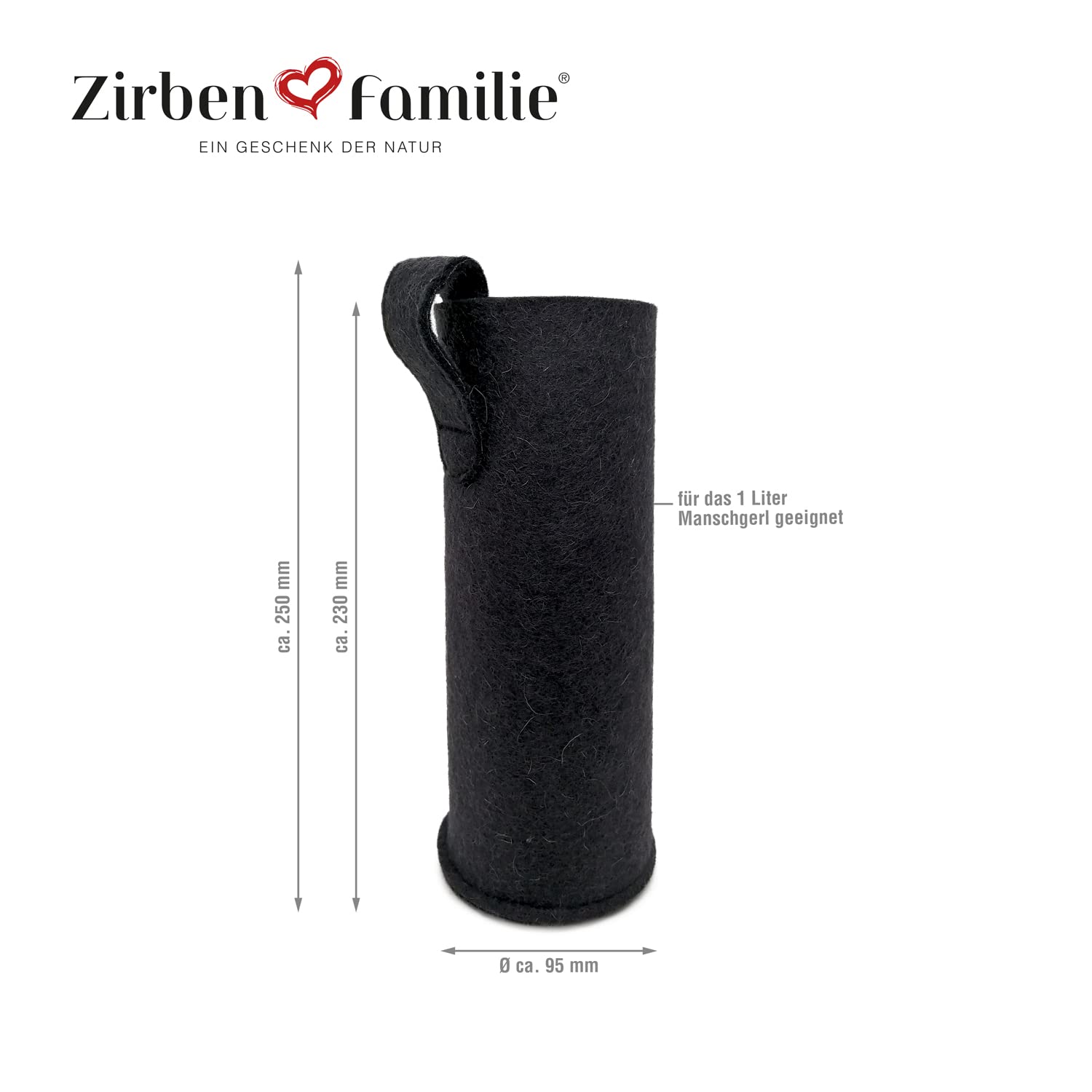 Zirben Familie® Original ZirbenKugel Trinkflasche 1 Liter | Verleiht dem Wasser eine besondere Note | Flasche aus Glas mit Zirbenkugel und Filzschutzhülle | Wasserflasche für unterwegs