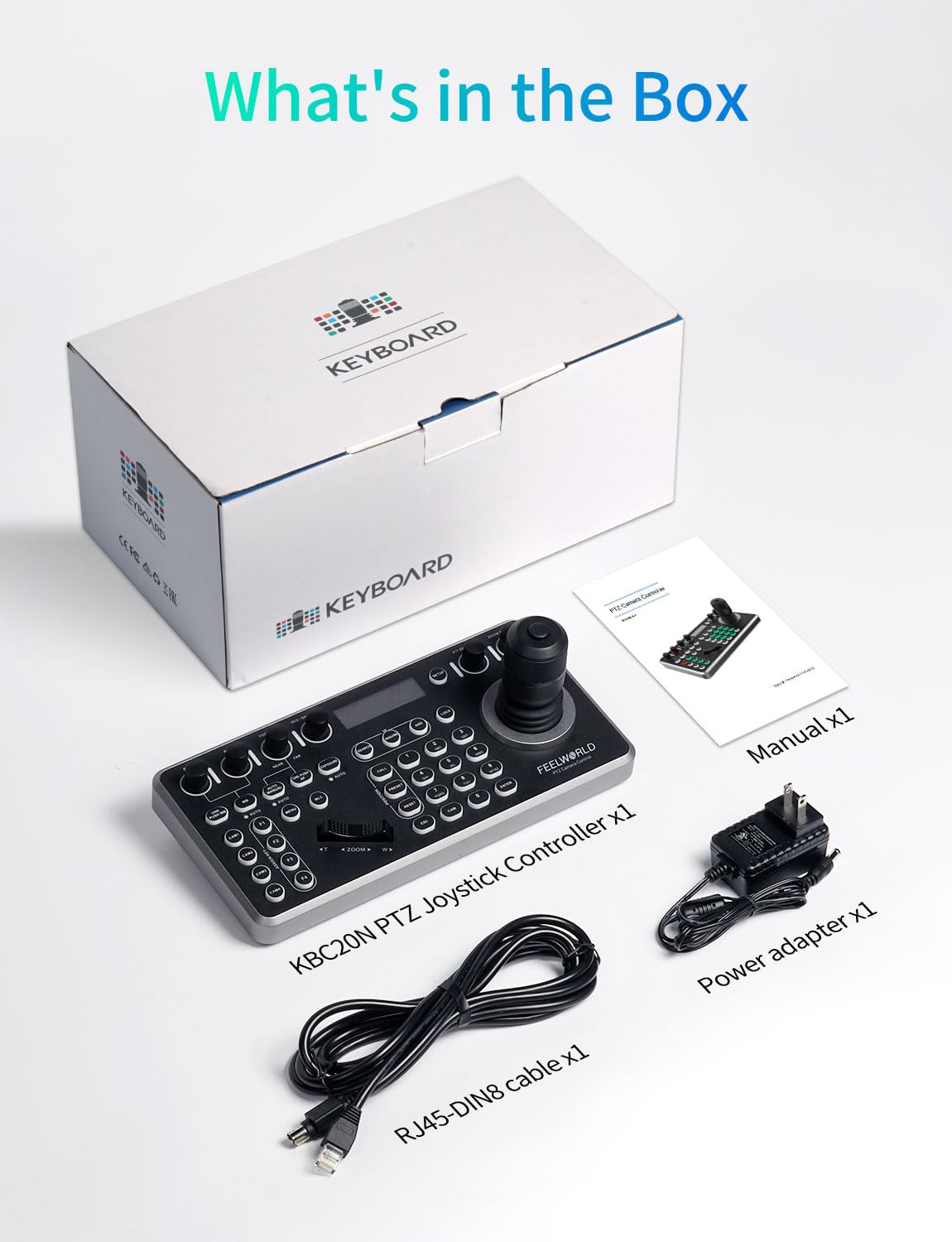 FEELWORLD KBC20N NDI PTZ Camera Joystick Controller, Schermo LCD 4D Joystick Controllo Tastiera Supporto NDI PoE VISCA Pelco-D/P RS422 RS485 RS232 RJ45 per Chiesa Live, Eventi, Live Streaming