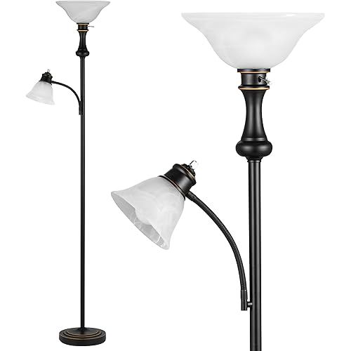 71'' Floor Lamps for Living Room, Tall Floor Lamp for Bedroom with Adjustable Angle Arc Reading lamp, Modern Torchiere Standing lamp with Glass Shade, Knob Switch, Bulb Included, Black