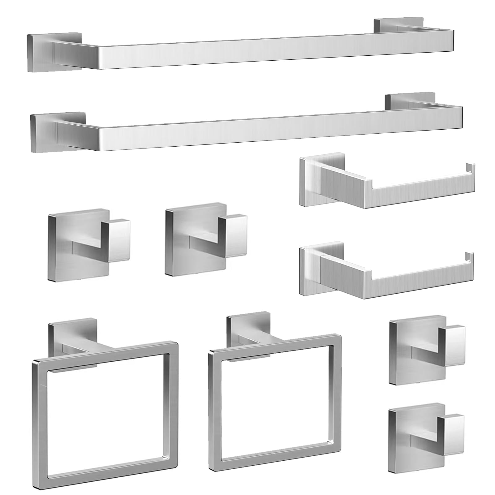 Brushed Nickel Bathroom Hardware Set 10 Pieces, Square Bathroom Accessories Kit with 16 Inch Towel Bars, Toilet Paper Holder, Towel Rings & Robe Hooks, Rustproof Stainless Steel Bath Set