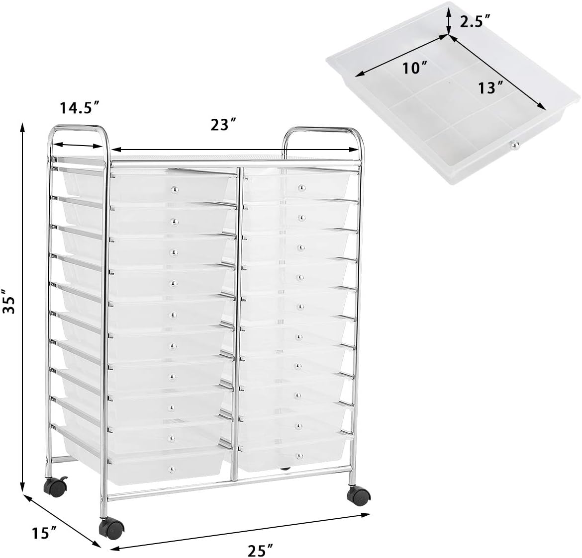Clear 20-Drawer Rolling Organizer Cart with Chrome Frame