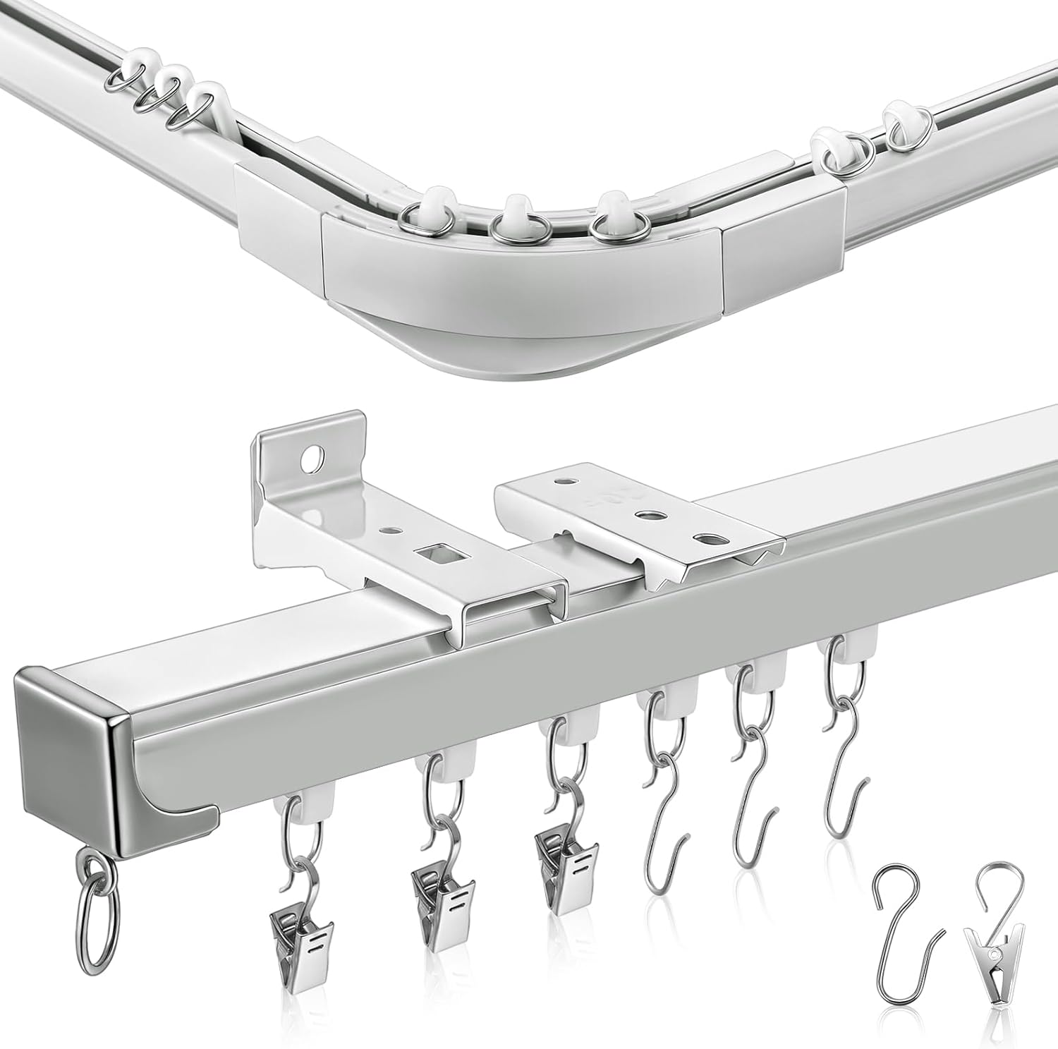 Juexica 3ft-16.4ft / 5 Meter Curtain Track Set with 90 Degree Corner Bends, Ceiling or Wall Mount, Aluminum Heavy Duty Ceiling Mount Adjustable Length Curtain Rails with Rods Clips Hooks (White) White 3ft - 16.4ft