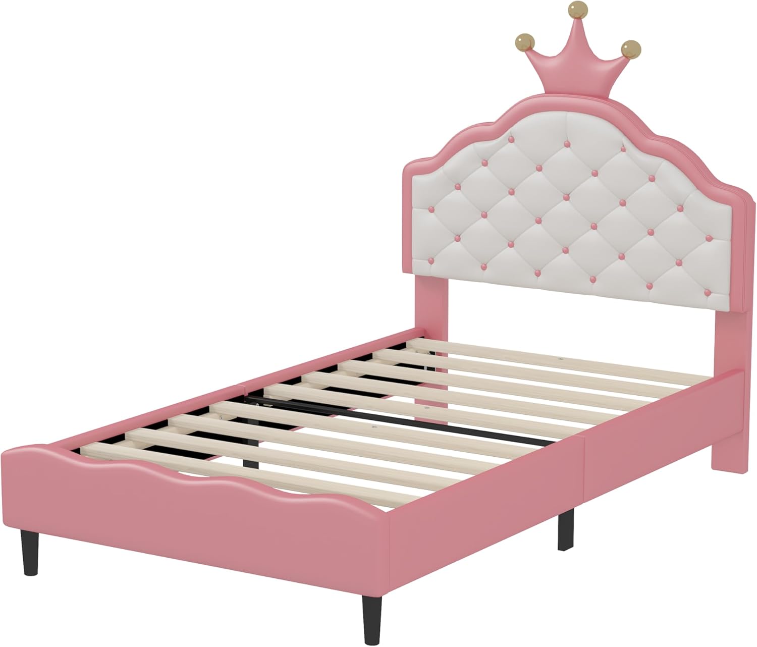 Bellemave Twin Size Princess Bed Frame with Lovely Crown Shaped Headboard for Girls,Upholstered Platform Bed with Slats Support,Twin Girls Bed,Pink Cream