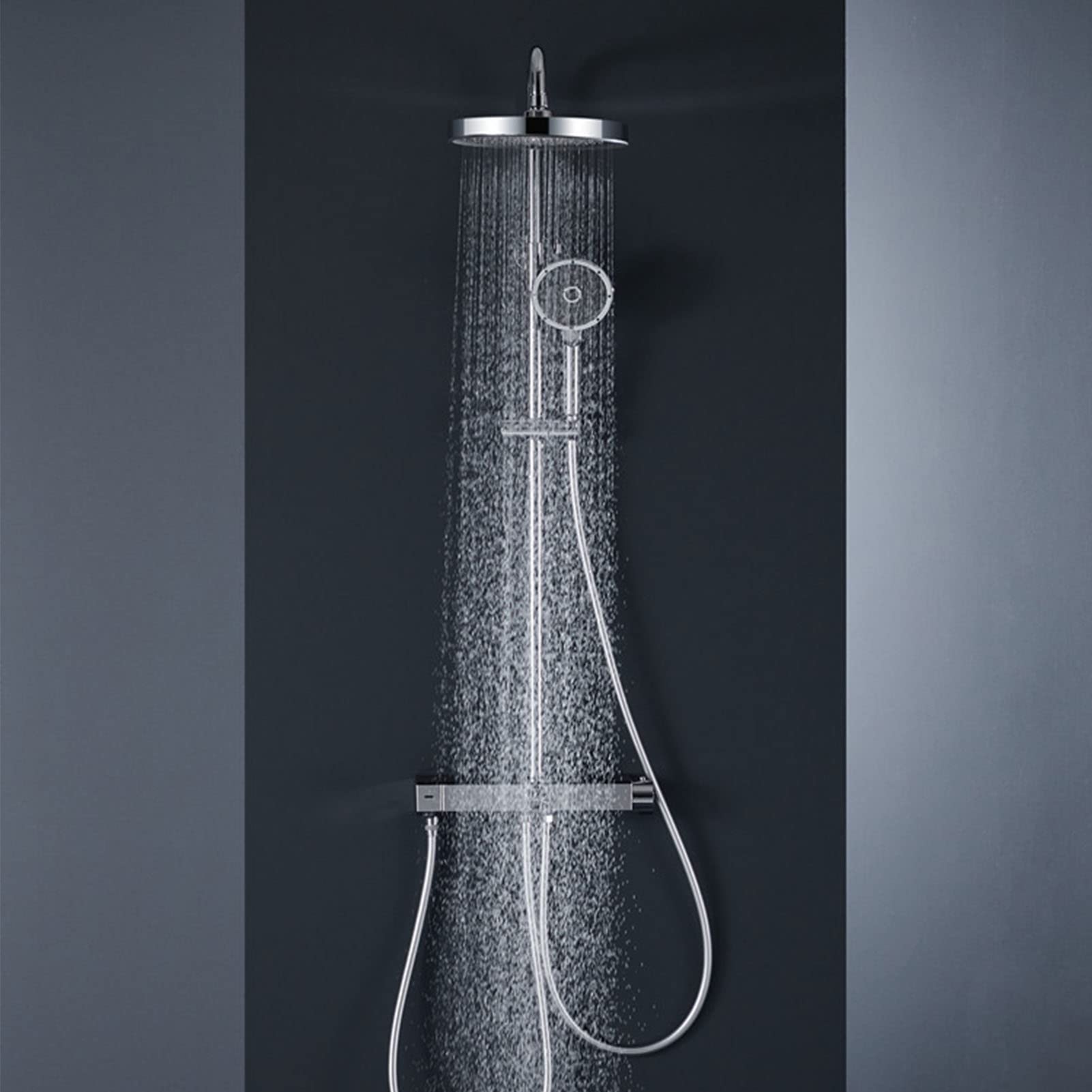 Set Rubinetto Doccia termostatico Cromato, Moderno Sistema a 4 funzioni, soffione a Pioggia con doccetta, Bocca per Vasca, doccetta per Bidet, Montaggio a Parete