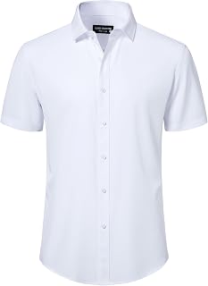 Mens Short Sleeve Dress Shirts Stretch Button Down Wrinkle Free Casual Solid Formal Shirt for Summer Business Wedding